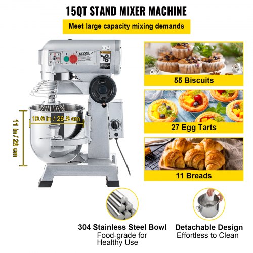15Qt Commercial Mixer, 550W Heavy-Duty Stand Mixer with Stainless Steel Bowl, 3 Speeds (136/221/465 RPM)