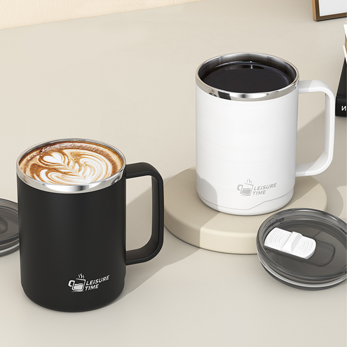 Double Wall Stainless Steel Travel Mug with Handle Leakproof Large Capacity Insulated Coffee Mug