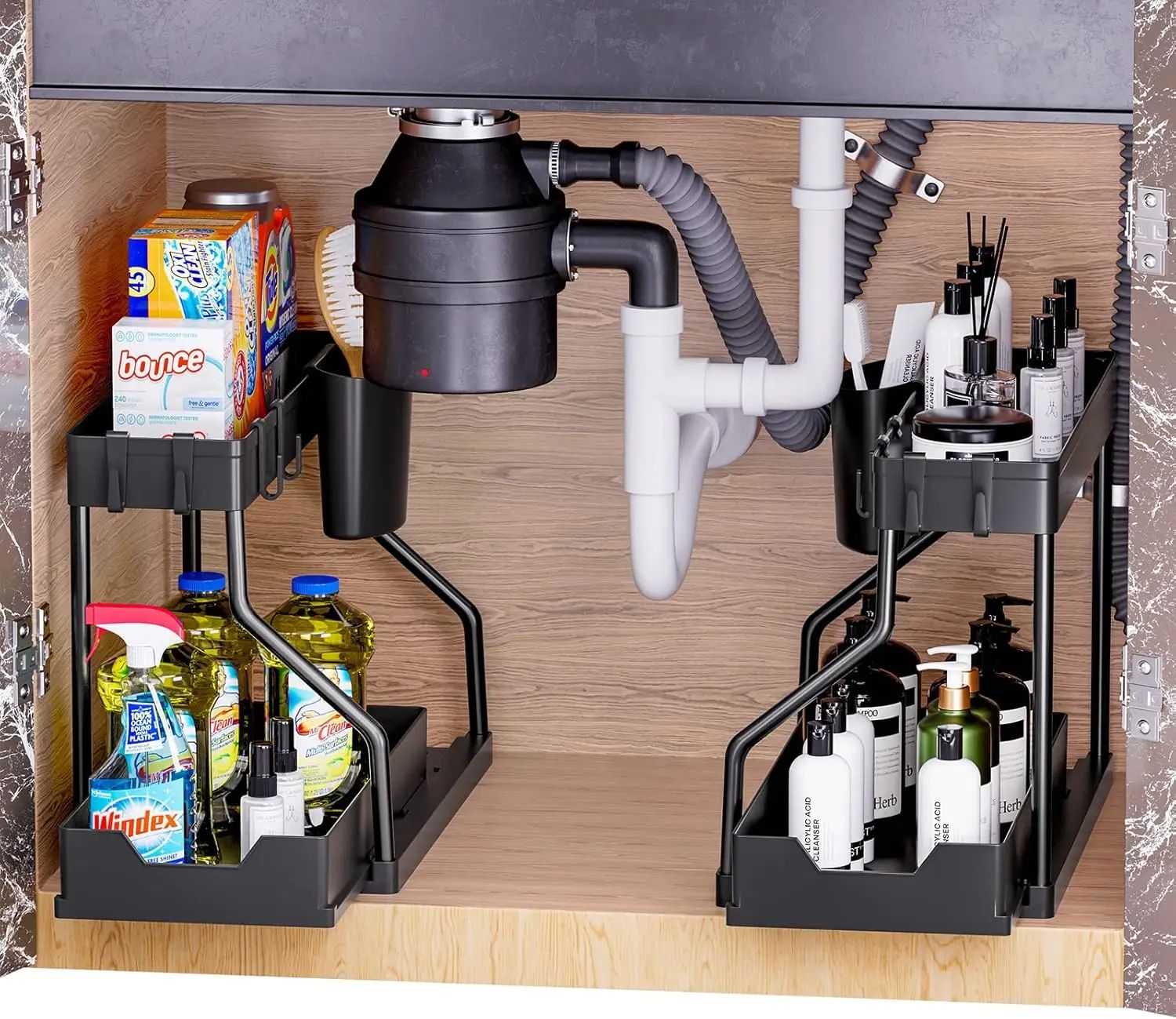 Under Sink Storage Organizer with Dual Slide Drawers –Pull-Out Cabinet Shelf Rack for Kitchen & Bathroom Cleaning Supply