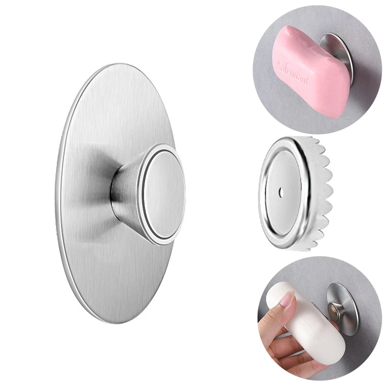 Stainless Steel Magnet Suction Soap Holder for Bathroom Punch Free Wall Mounted Soap Shelf with Drain Rack Hooks