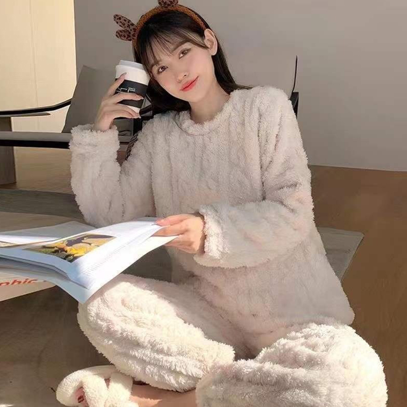 Women Casual Pajama Sets, Autumn Women Solid Warm Piece Sets, Thicken Velvet Ribbed Fleece Set Pullover and Pants