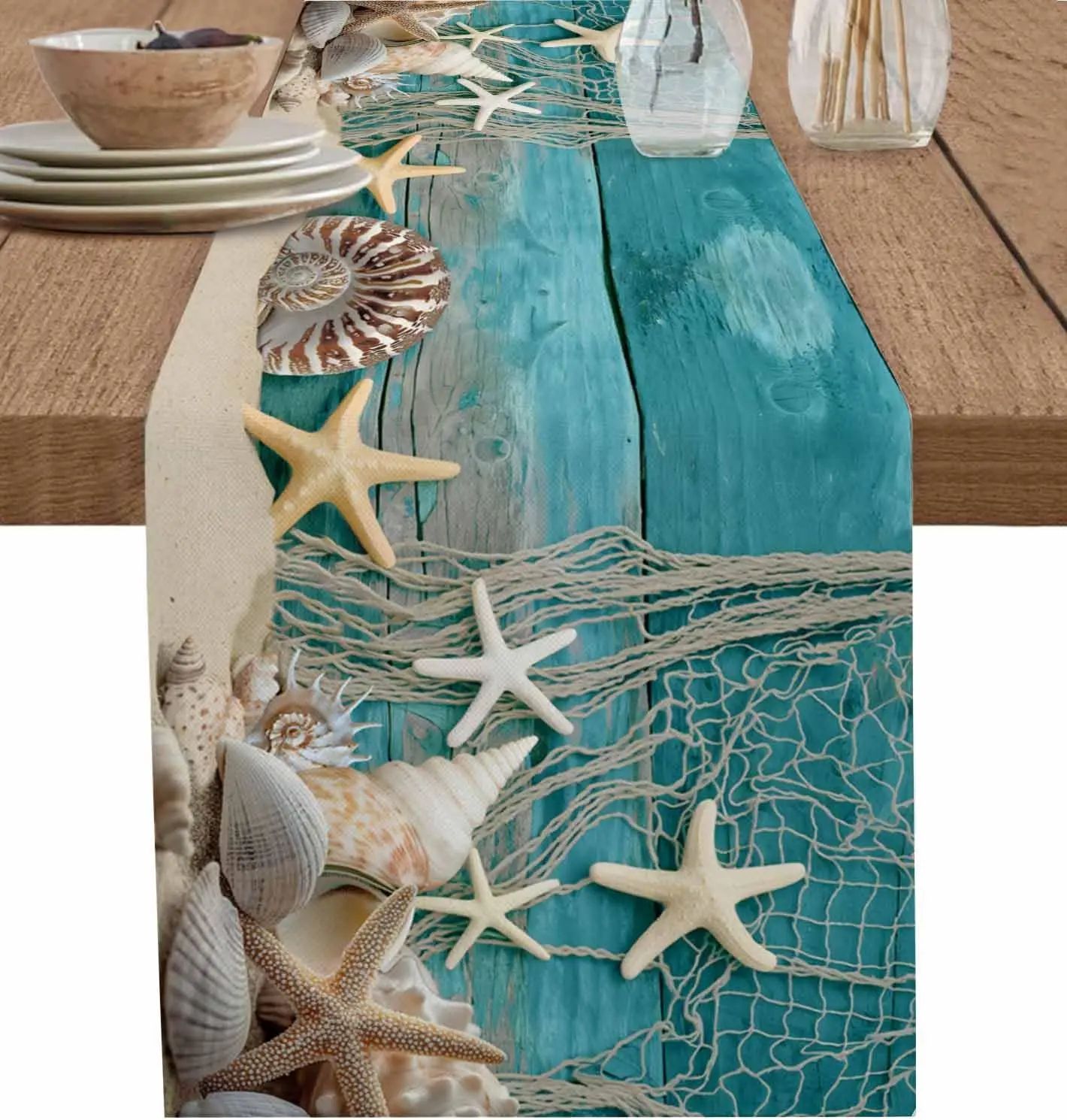 Coastal Starfish Linen Table Runner – Summer Beach Table Decor for Dining & Parties