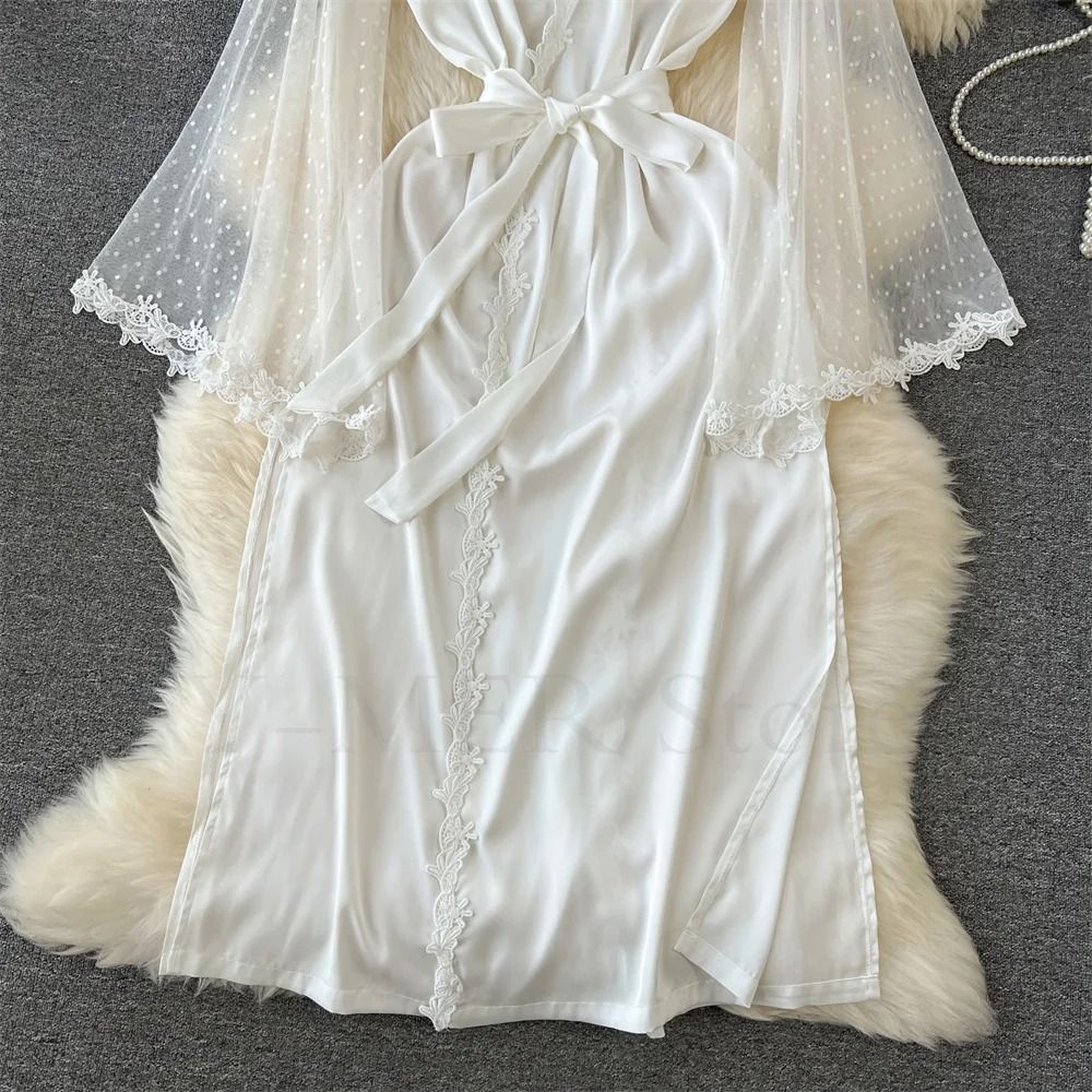 Sexy Embroidered Edge Kimono Robe – Professional Silk Satin Long Gown with Mesh Sleeves