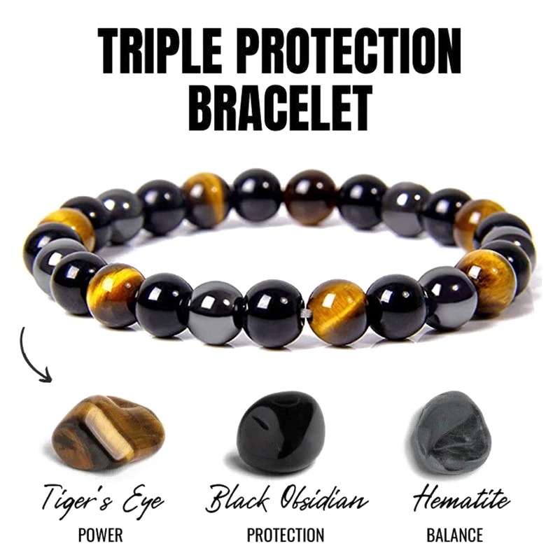 Magnetic Health Protection Bead Bracelet for Men and Women Featuring Natural Black Obsidian, Hematite & Tiger Eye.