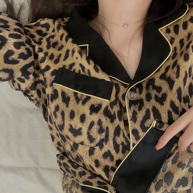Women Leopard Print Long Sleeve Pajama Set