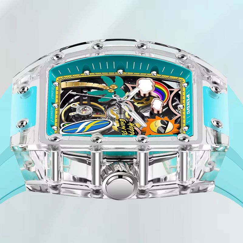 PINDU Unique Dial Mechanical Watch for Men Waterproof Summer Sport Watch with Silicone Strap
