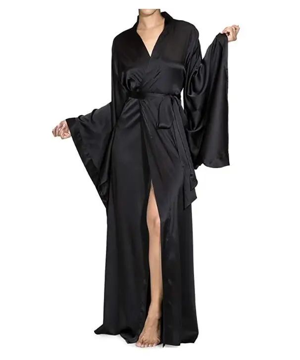 Silk Satin Lace Bathrobe – Elegant Long Sleeve Silk Satin Nightgown for Women