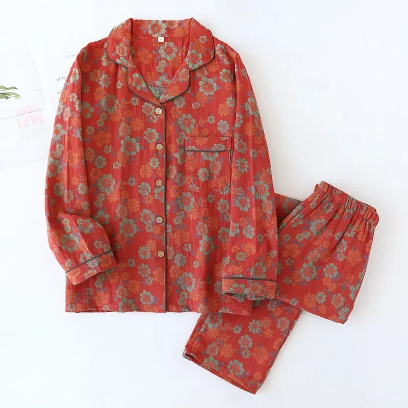Women's New Spring Pajamas Suit, Cotton Crepe Two-Piece, Long-Sleeved Trousers, Flower Leaves Home Clothes