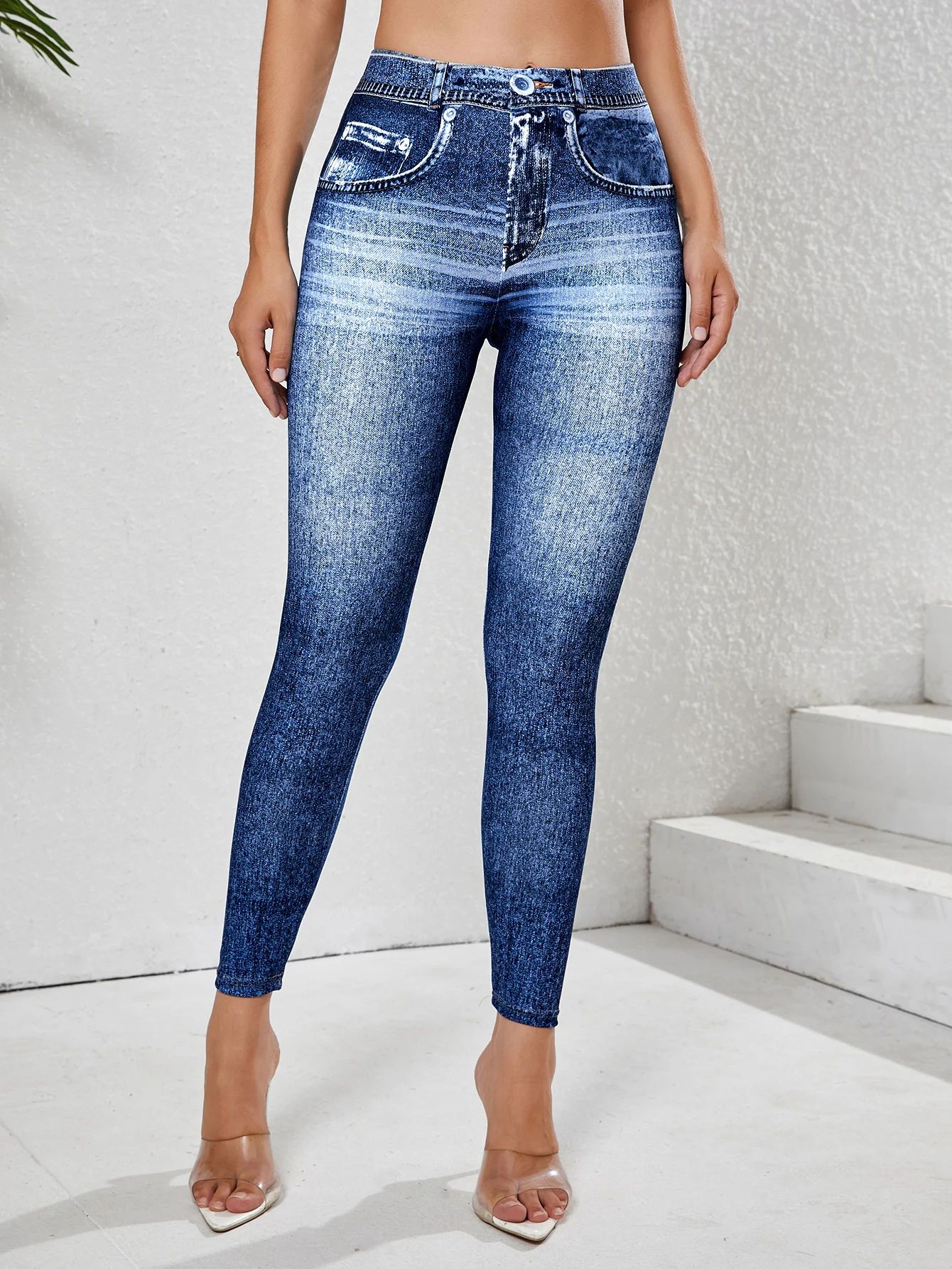 Denim Look High Waist Tummy Control Leggings with Pockets