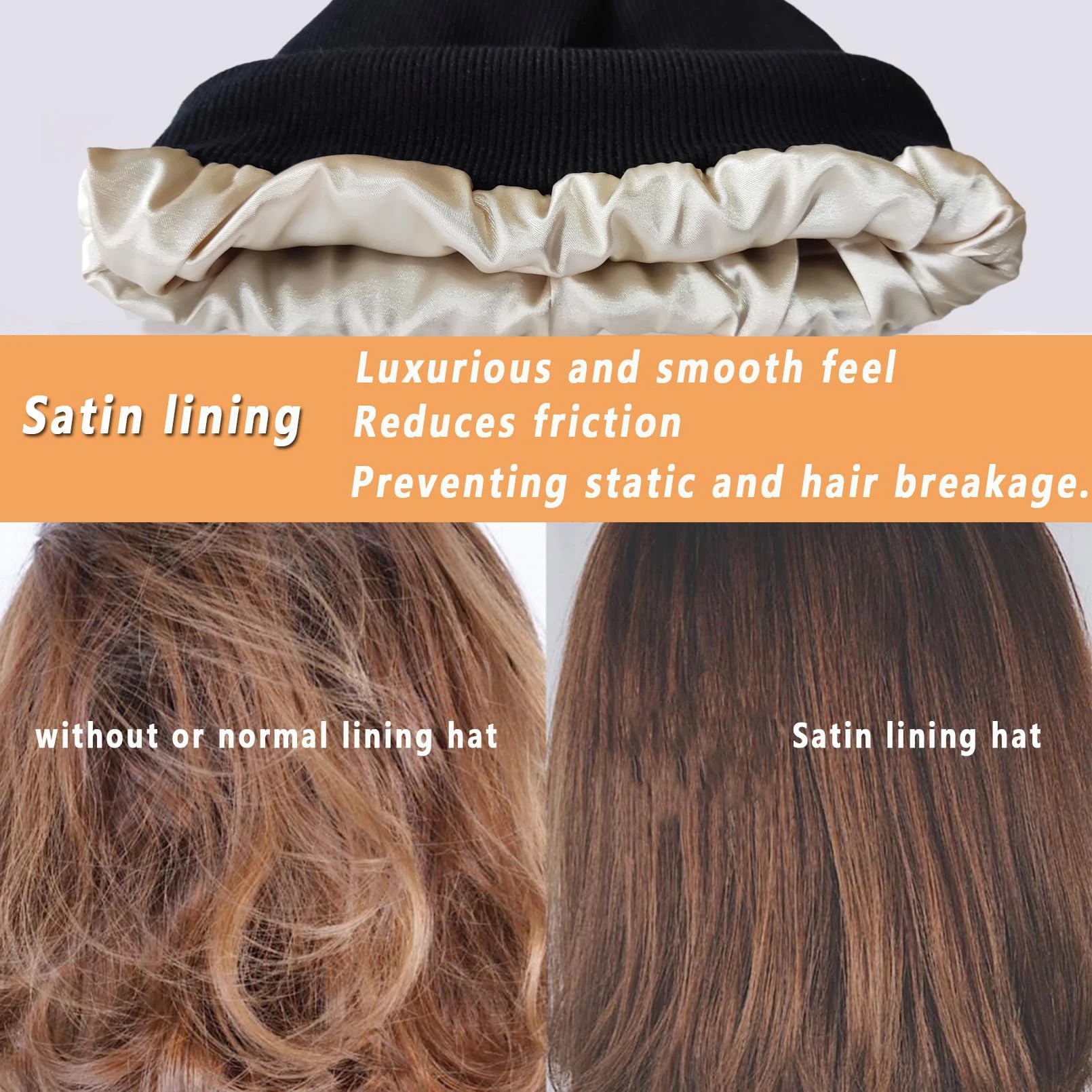 Winter Silk Lining Beanie, Unisex Anti Static Hat, Slouchy Warm Cuffed Skullies, Satin Lined Hair Cover Sleep Cap