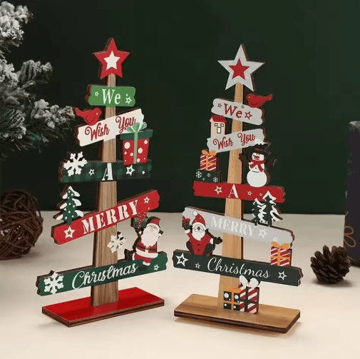 Rustic Wooden Christmas Tree Ornament – Santa & Snowman Merry Christmas Table Decor