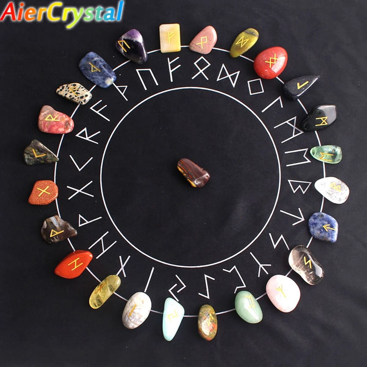 Natural Crystal Rune Stones Set 25PCS Quartz Agate Reiki Healing Witches Energy Crystal Carving