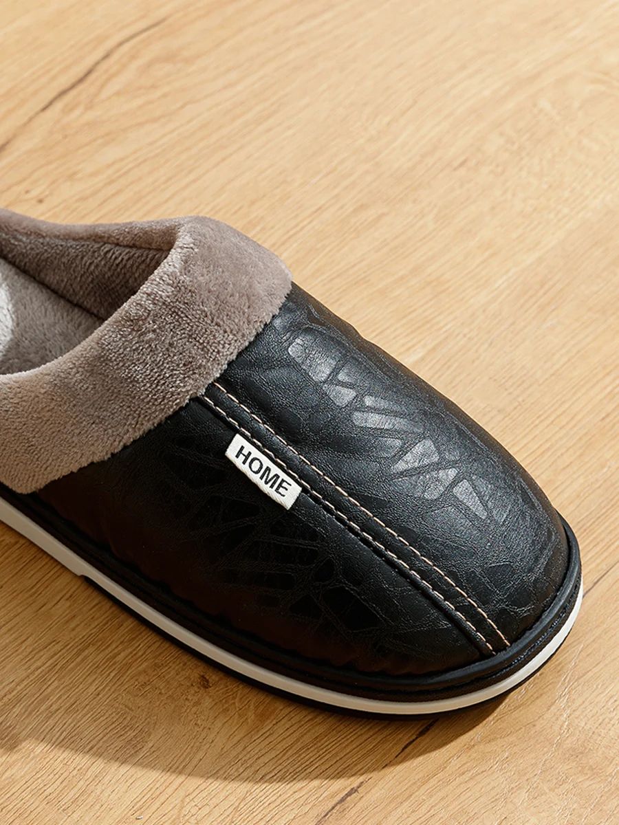 Mens Winter PU Leather Fur Lined Home Slippers