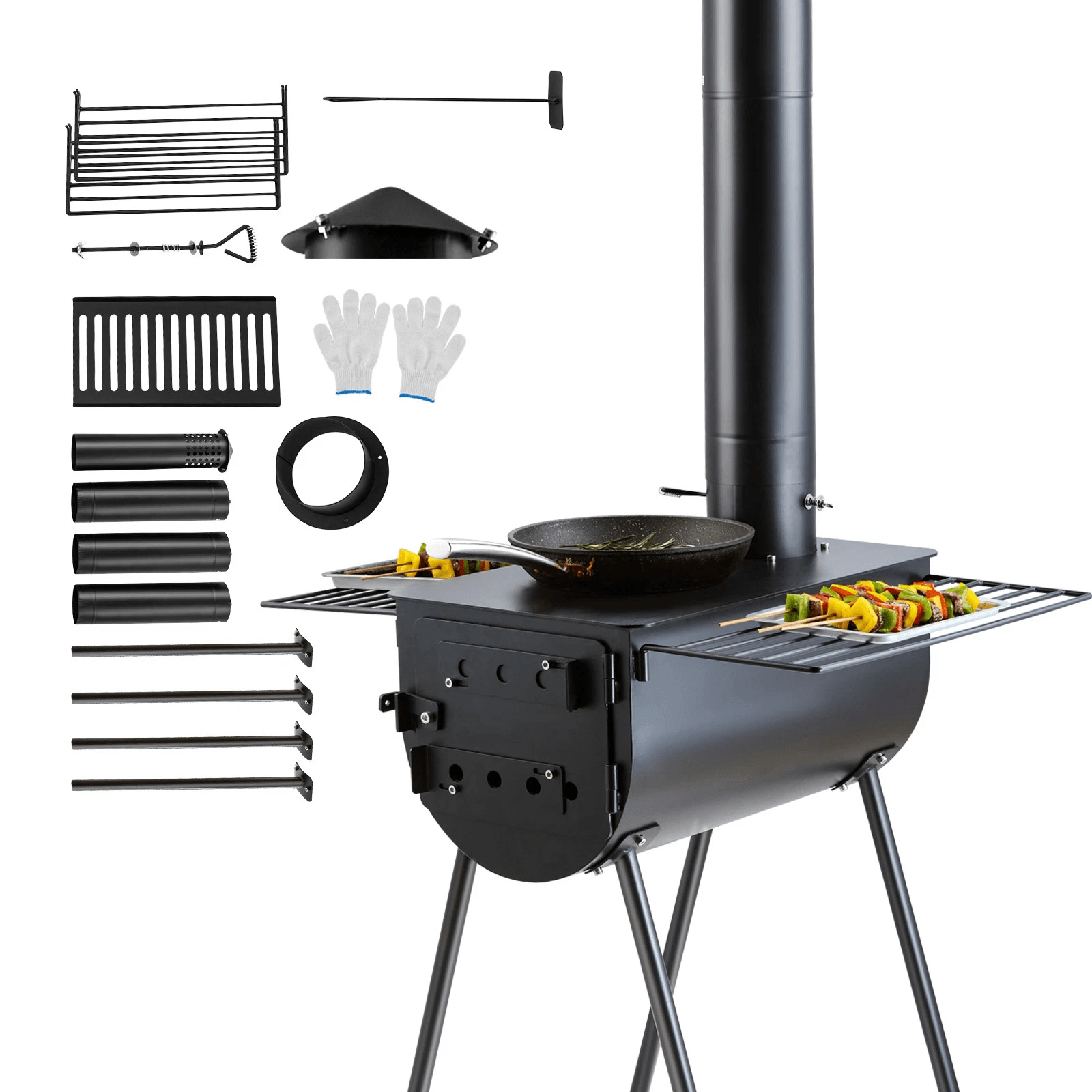 Portable Wood Stove, Camping Hot Tent BBQ Stove with Chimney Pipes for Outdoor Cooking & Heating
