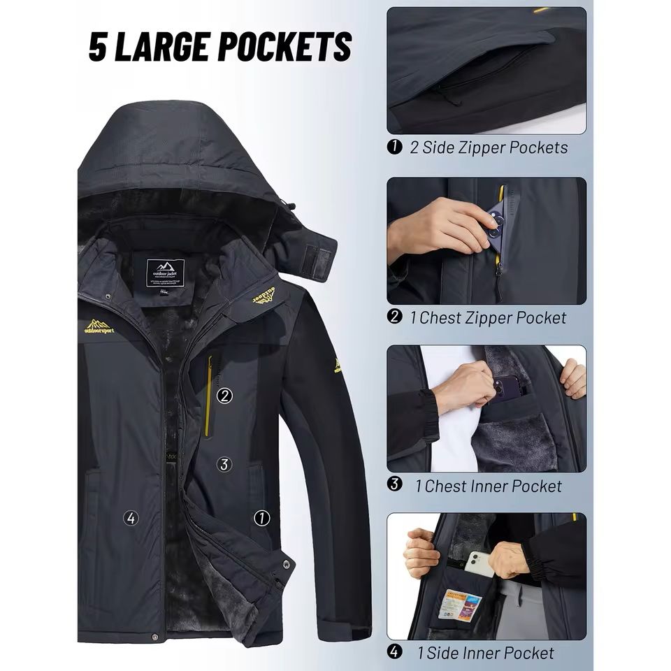 Mens Waterproof Ski Jacket with Fleece Lining and Removable Hood