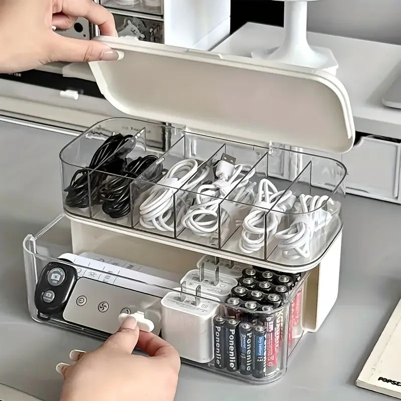 Double Layer Transparent Cable & Desk Organizer Box