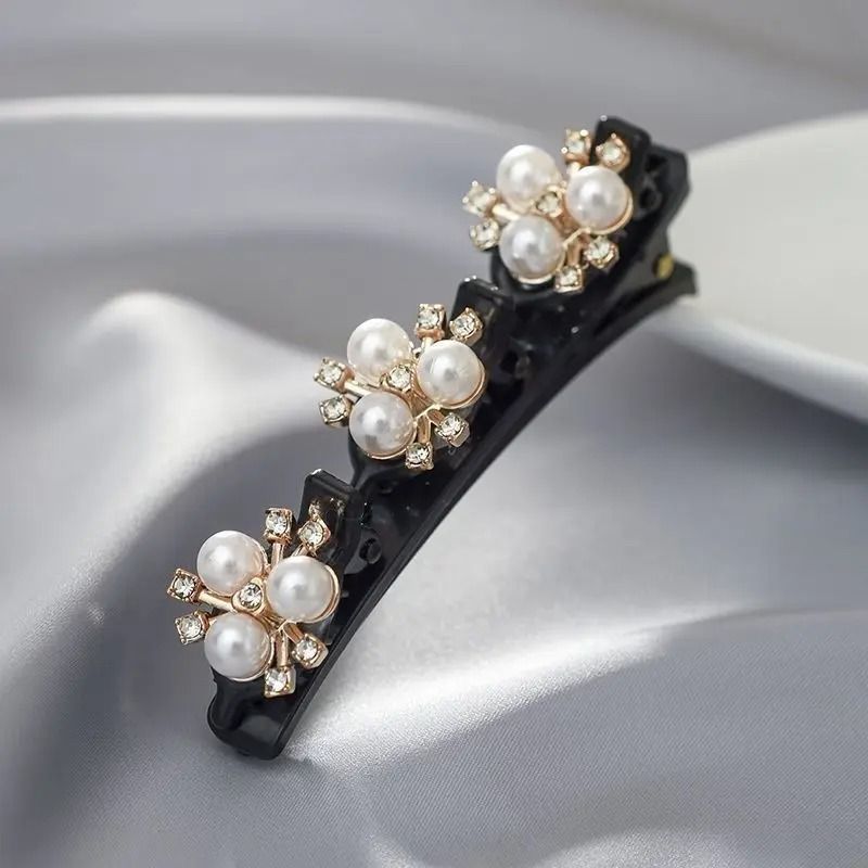 Double Layer Braided Hairclip with Rhinestone and Faux Pearl Accent