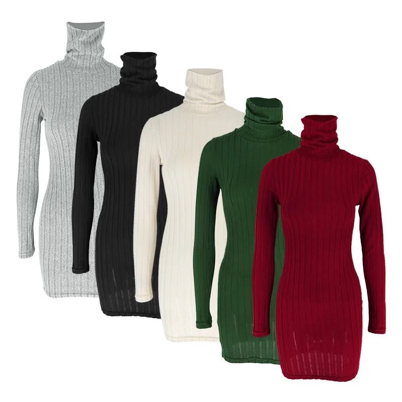 Womens Autumn Winter Turtleneck Long Sleeve Sexy Bodycon Knitted Mini Sheath Dress