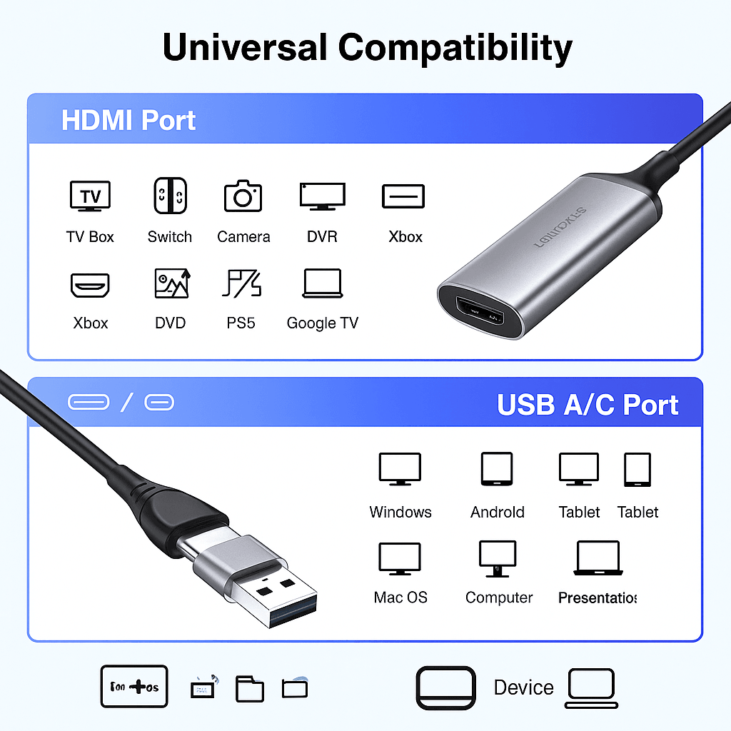 1080p USB3.0 Game Capture Card – HDMI to USB/Type-C Plug-and-Play Streaming Device for PS5, Switch, Xbox, PC
