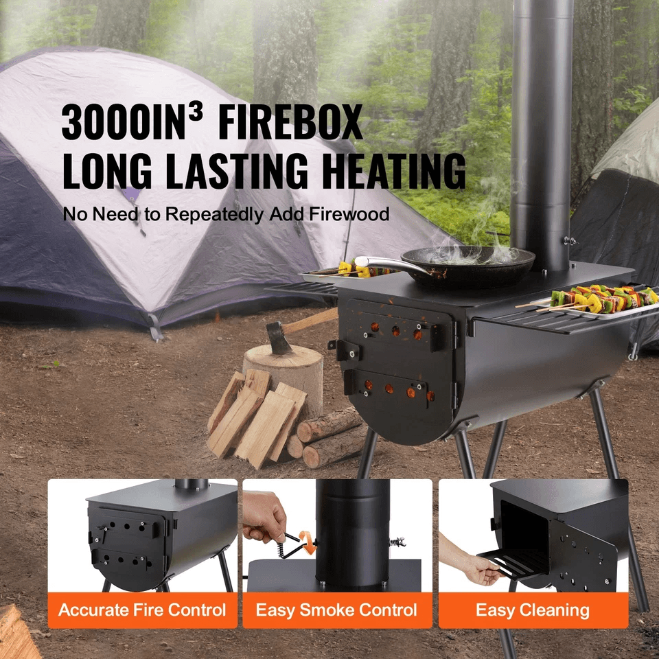 Portable Wood Stove, Camping Hot Tent BBQ Stove with Chimney Pipes for Outdoor Cooking & Heating