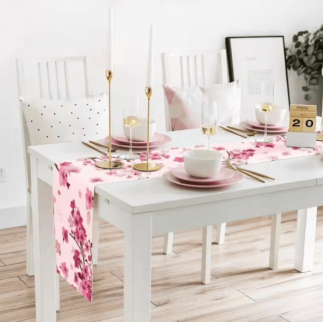 Spring Cherry Blossom Linen Table Runner – Elegant Floral Dining Decor for Farmhouse & Events