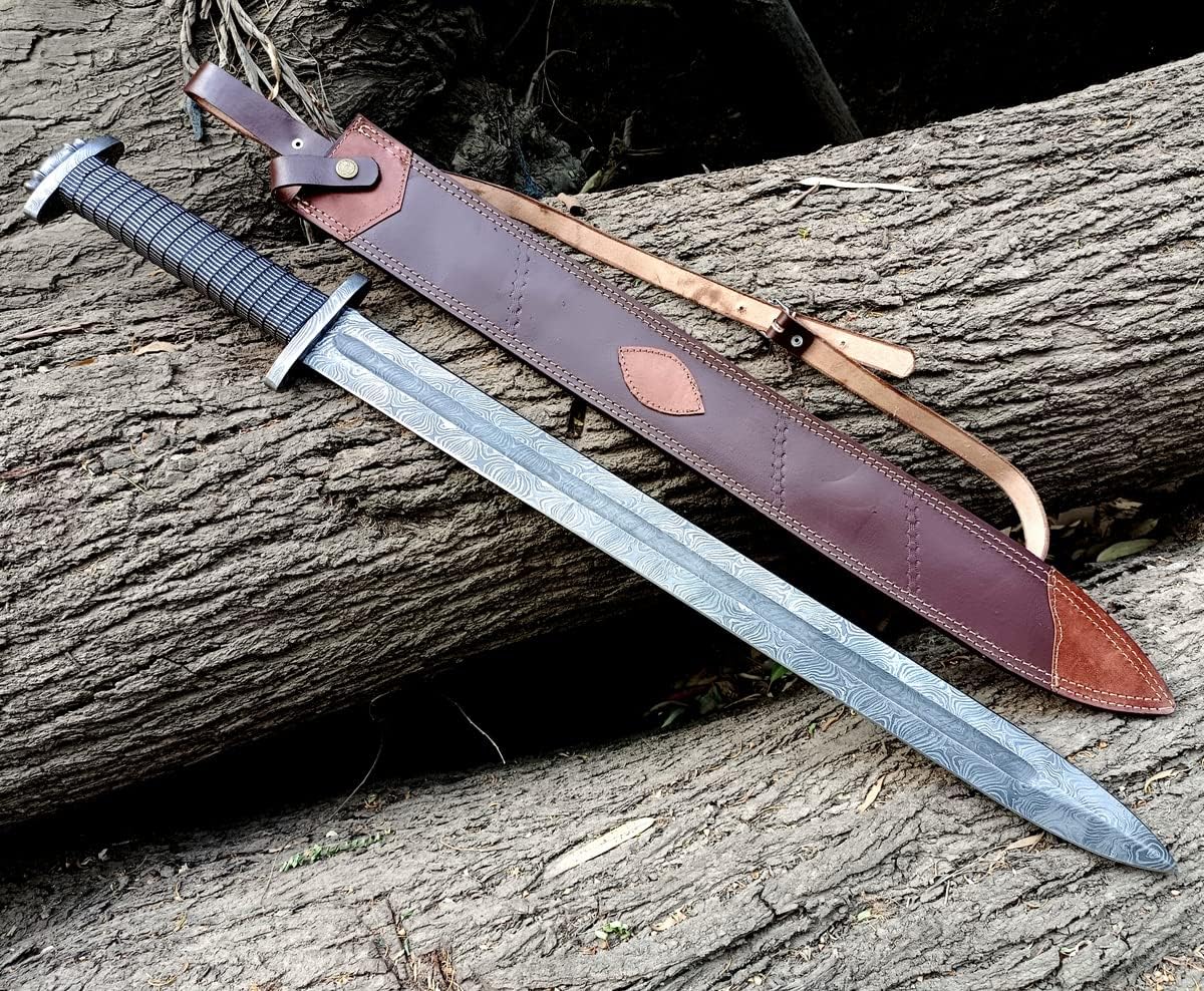 Damascus Steel Sword Viking Sword Hunting Decor Sword Full Tang Sword with Leather Sheath