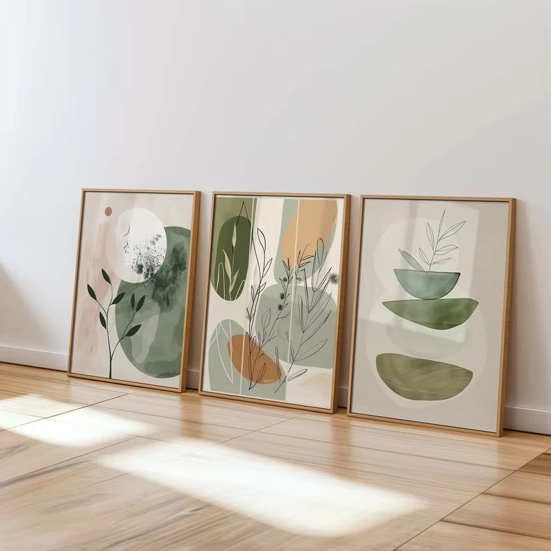Bohemian Flower Canvas Wall Art Set 3pcs Minimalist Earth Tone Botanical Decor