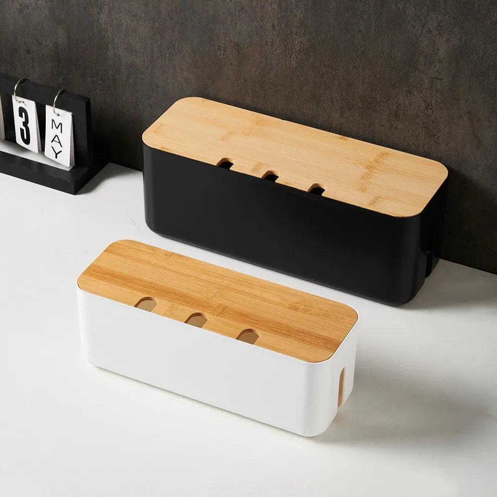 Bamboo Cable Management Box for Desk Clean Wire Organizer