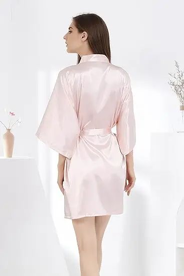 Women's Luxury Satin Silk Kimono Robe Navy Blue Bridesmaid Short Sleeve Bathrobe