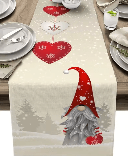 Christmas Gnome Linen Table Runner Snowflake & Heart Holiday Table Decor