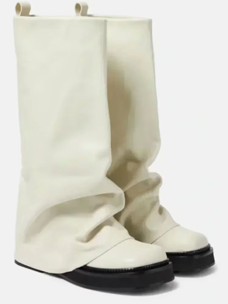 Women's Autumn Winter Calf Boots – Pleated Leather Mid-Leg Design with Thick High Heels
