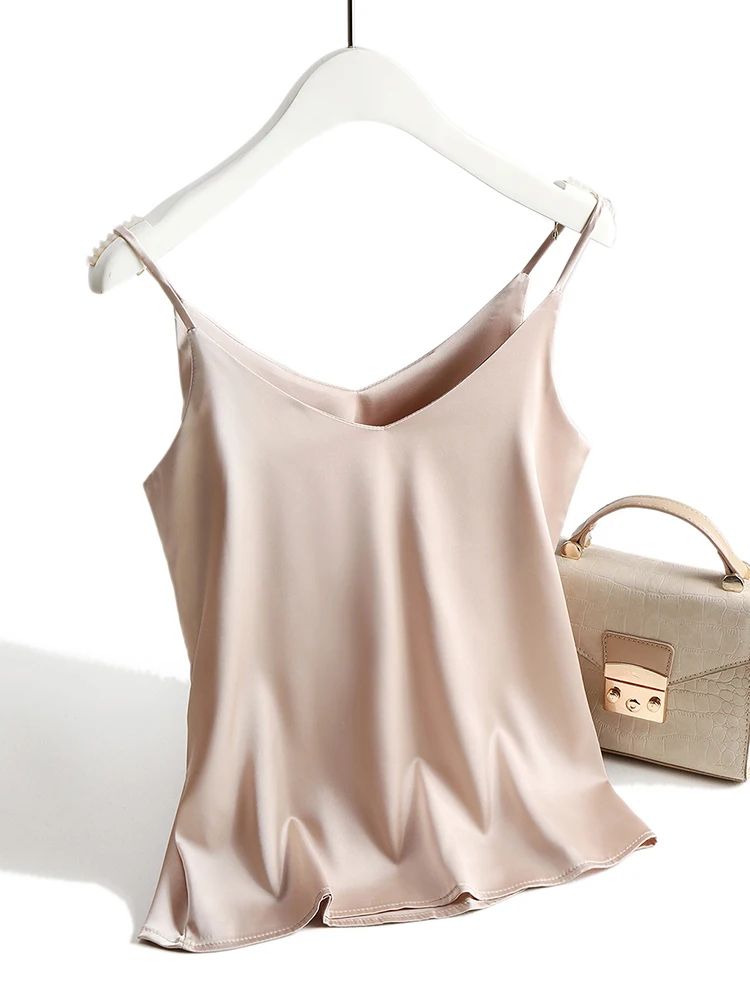 Women's Satin Silk Halter Cami – White Backless Spaghetti Strap Summer Top
