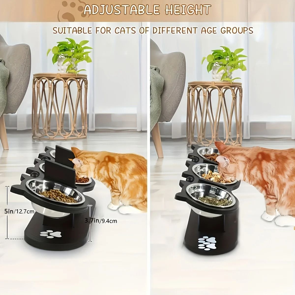 Elevated Tilted Cat Food Bowls with Wooden Stand and Stainless Steel Bowls