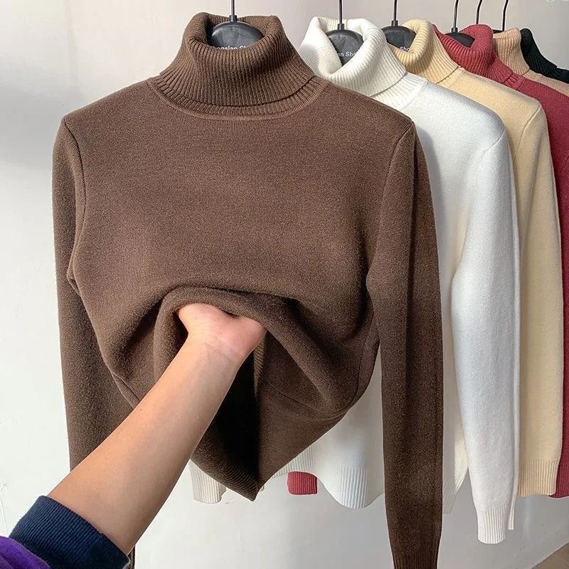 Elegant Thicken Velvet-Lined Turtleneck Sweater – Slim Knit Pullover & Warm Winter Jumper