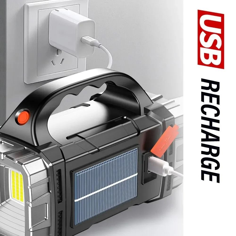 Powerful LED Flashlight with USB and Solar Rechargeable Power Bank