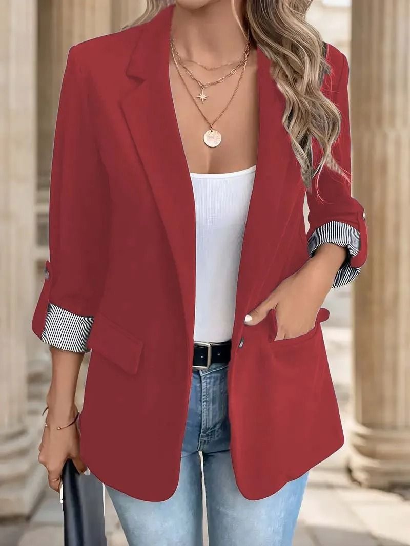Women Casual Button Up Rolled-Sleeve Slim Blazer
