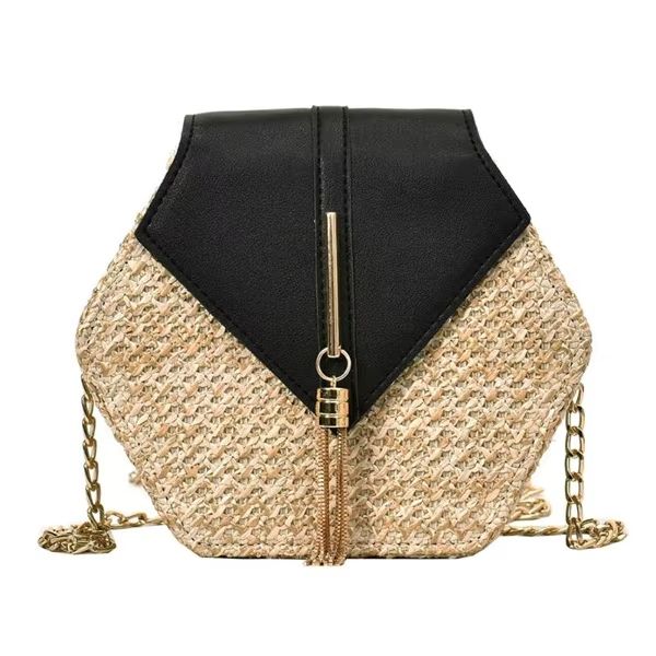 Boho Straw Rattan Shoulder Bag – Hexagon Handmade Woven Summer Handbag with Leather Strap