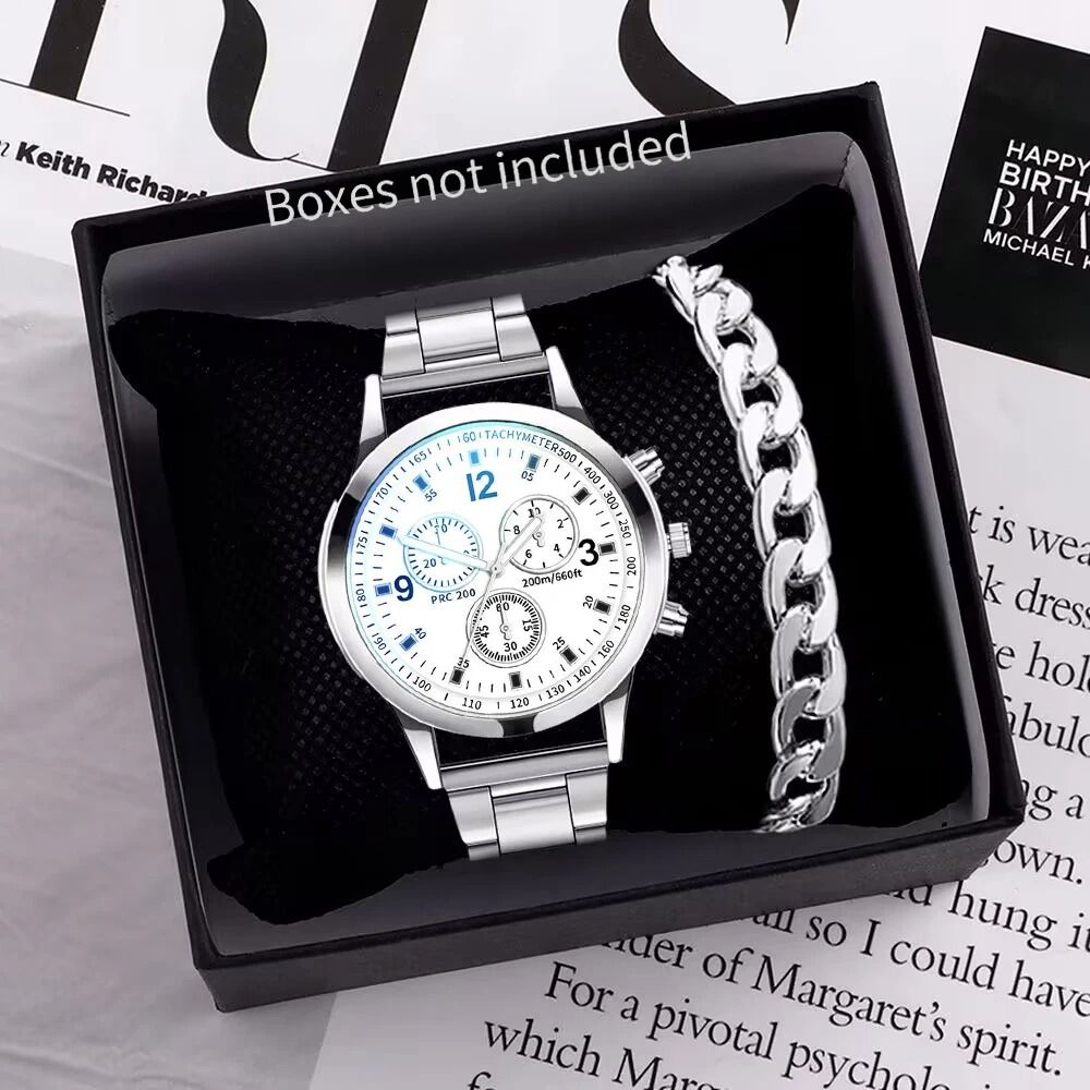 Mens Business Steel Band Quartz Watch | Fashion Timepiece with Matching Bracelet