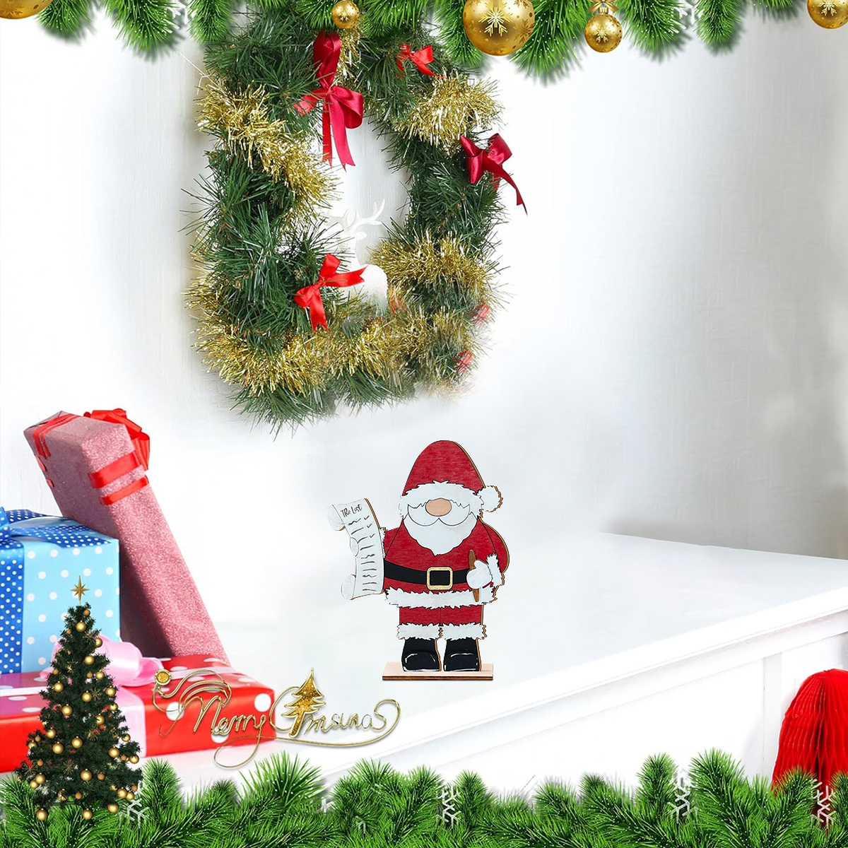 Festive Wooden Santa Claus Ornament, Christmas Decor Figurine with The List Scroll, Holiday Tabletop Decoration