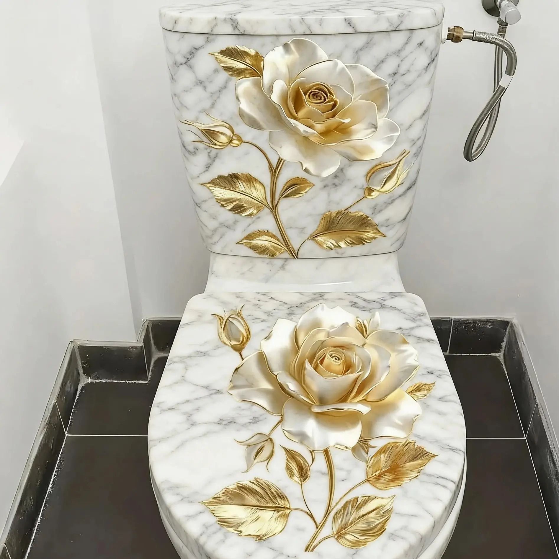 Golden Floral Toilet Decal Set | 2-Piece Waterproof Bathroom Decor | Elegant Self-Adhesive Sanctuary Art