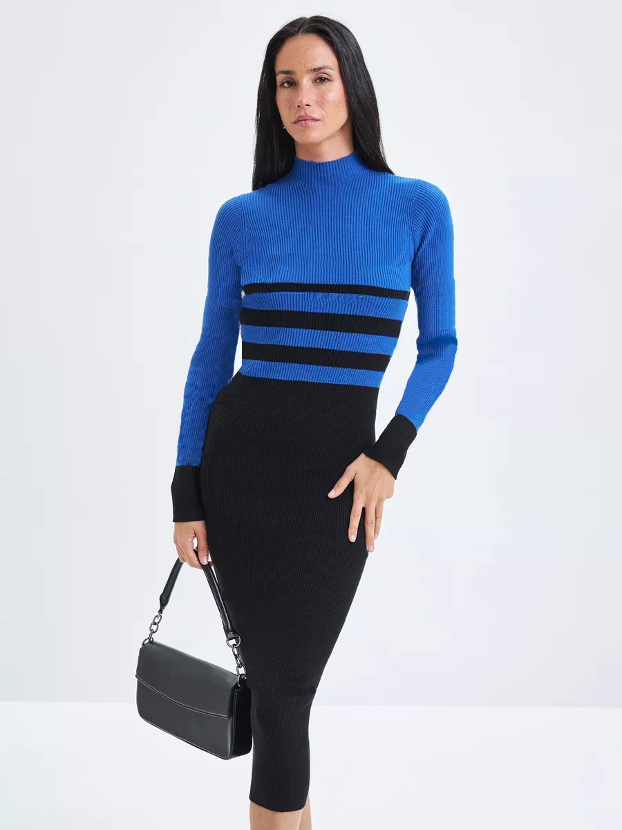 Striped Bodycon Dress Fall Holiday Vestido, Long Sleeve Knit Office Lady Elegant Dress