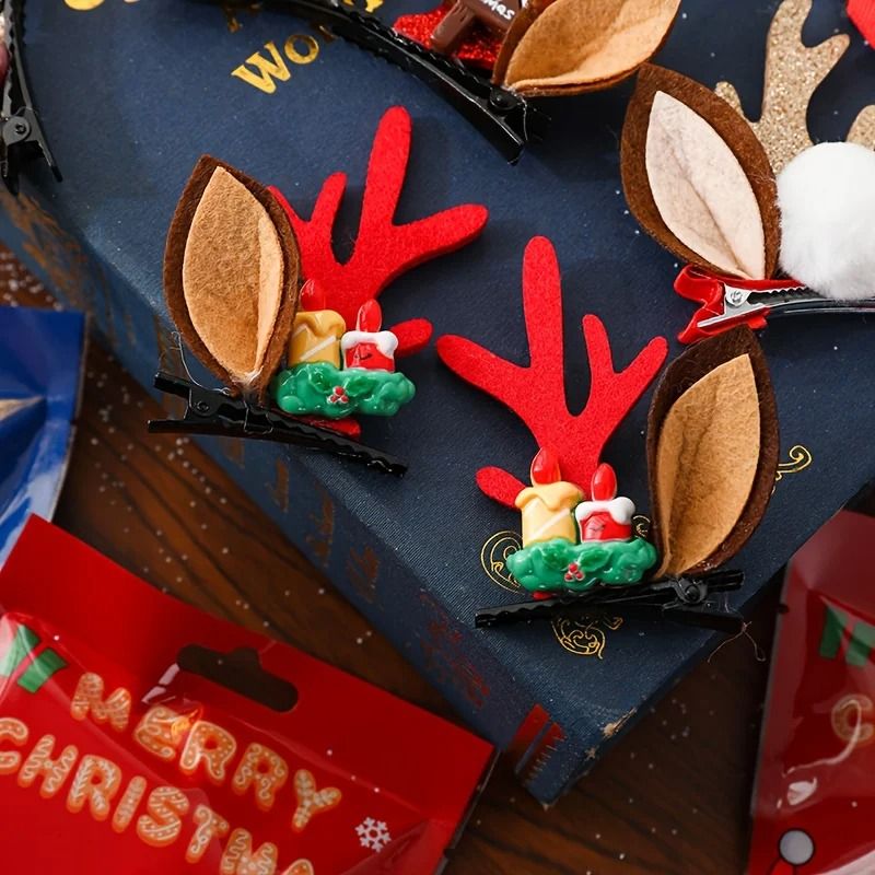 Christmas Deer Antler Hair Clips Set With Santa Hat And Reindeer Style