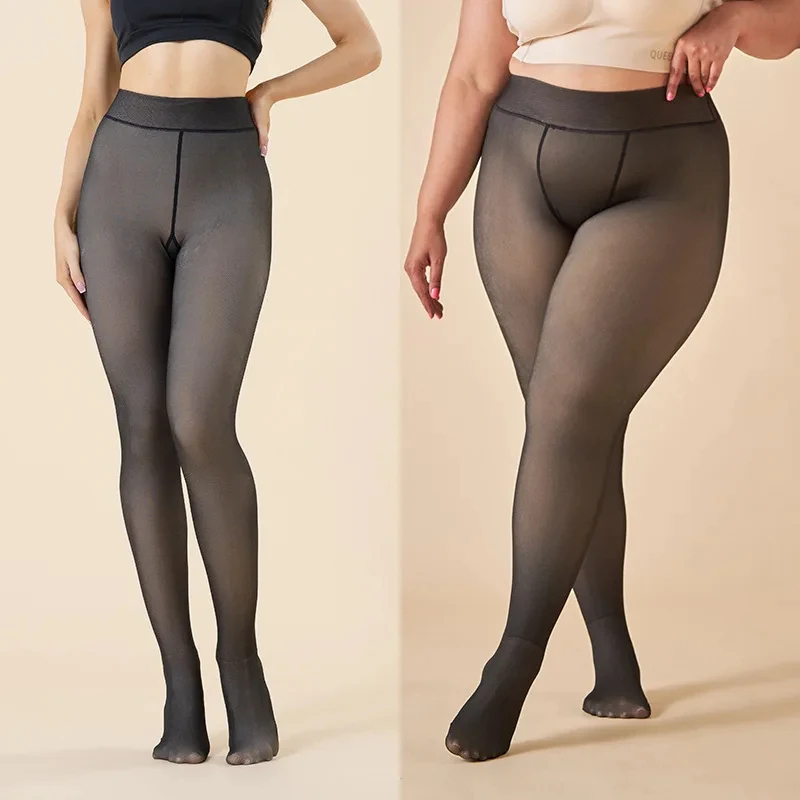 Women's Warm Thick Fleece-Lined Winter Tights, Faux Sheer Thermal Leggings, Sexy Skin Effect Leggings