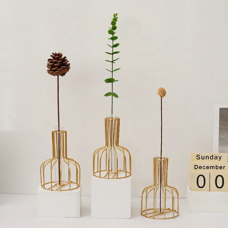 Gold Hollow Iron Vase With Clear Tube Modern Flower Holder For Dried And Artificial Arrangements
