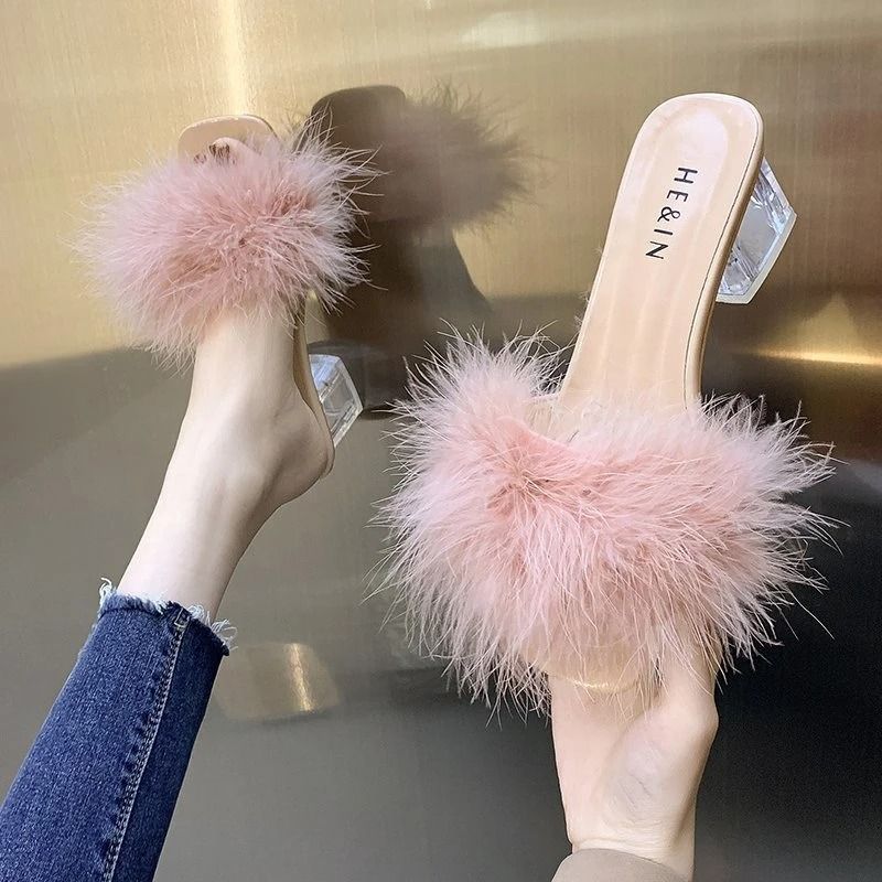 Sexy Faux Fox Fur Square Toe Pumps – Elegant Chunky Heel Summer Slippers