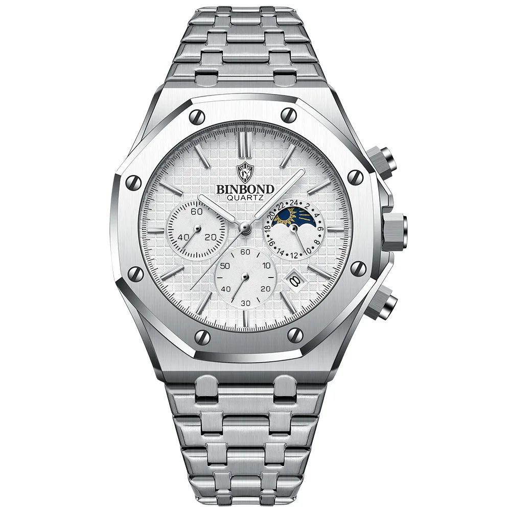 BINBOND B0161 Luxury Stainless Steel Men's Quartz Watch with Luminous Date & Chronograph
