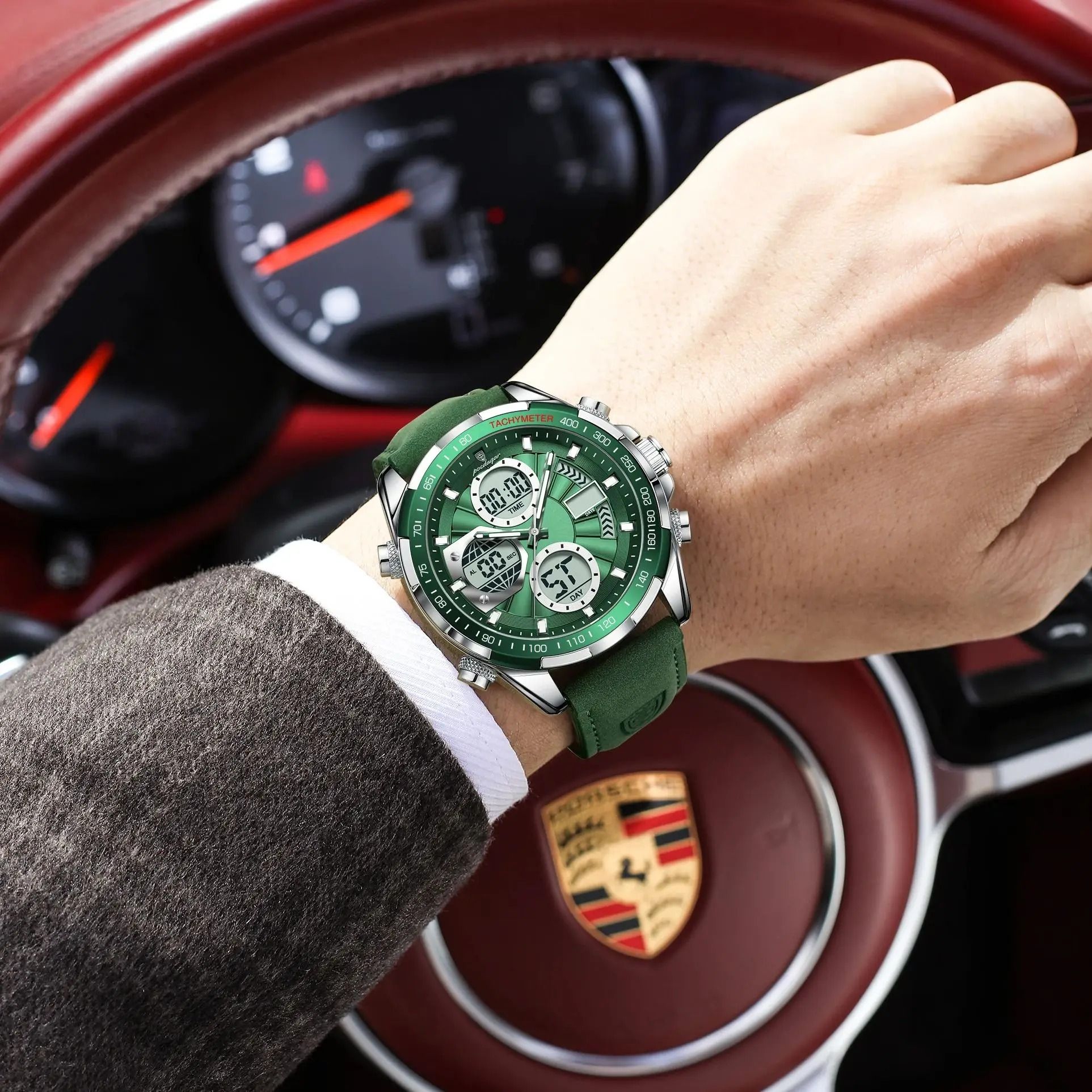 Poedagar LED Dual Time Mens Watch with Week Date Display and Quartz Movement