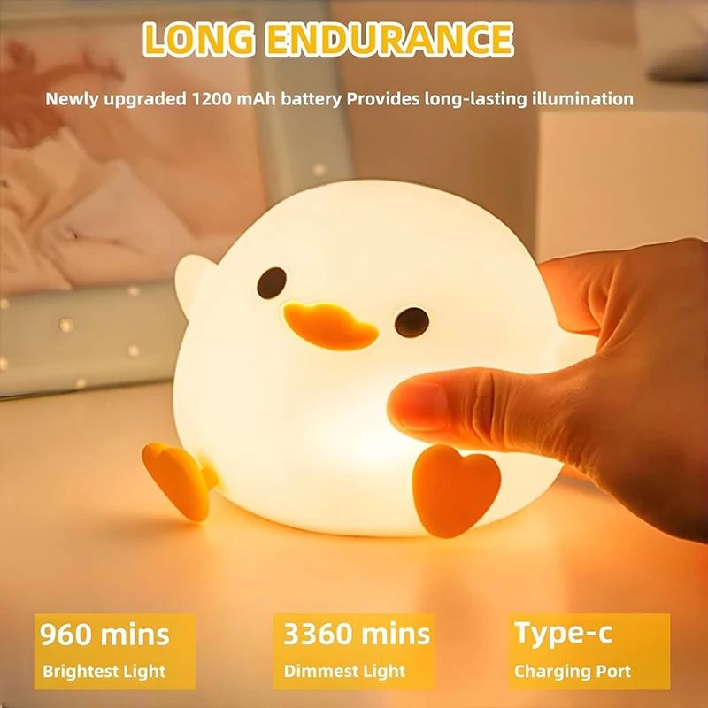 Cute Duck Silicone LED Night Light – Rechargeable Touch Dimmable Nursery Bedside Lamp