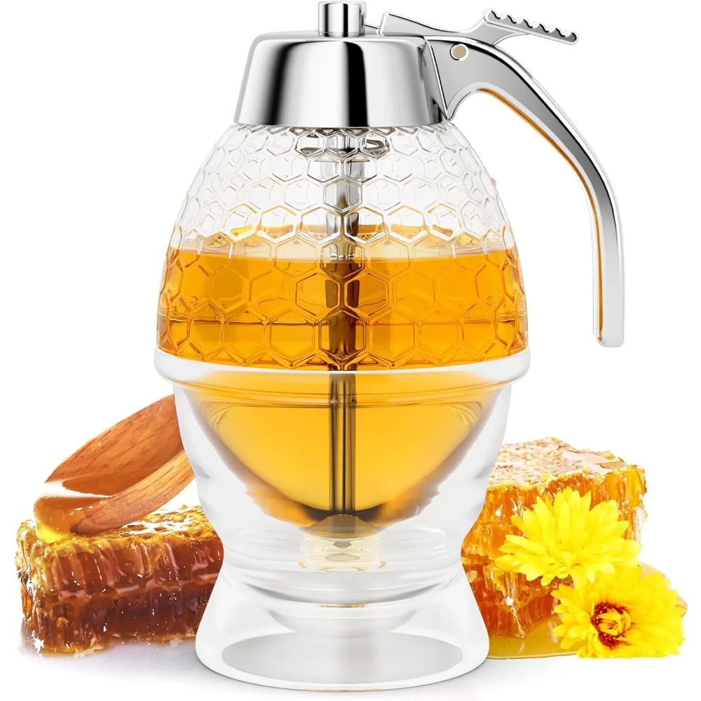 Drip Free Honey Dispenser & Maple Syrup Pitcher Elegant Honeycomb-Shaped Honey Jar with Stand for Clean Pouring