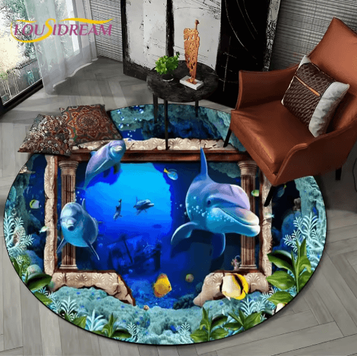 3D Ocean Dolphin Area Rug – Non-Slip Underwater Illusion Round Carpet